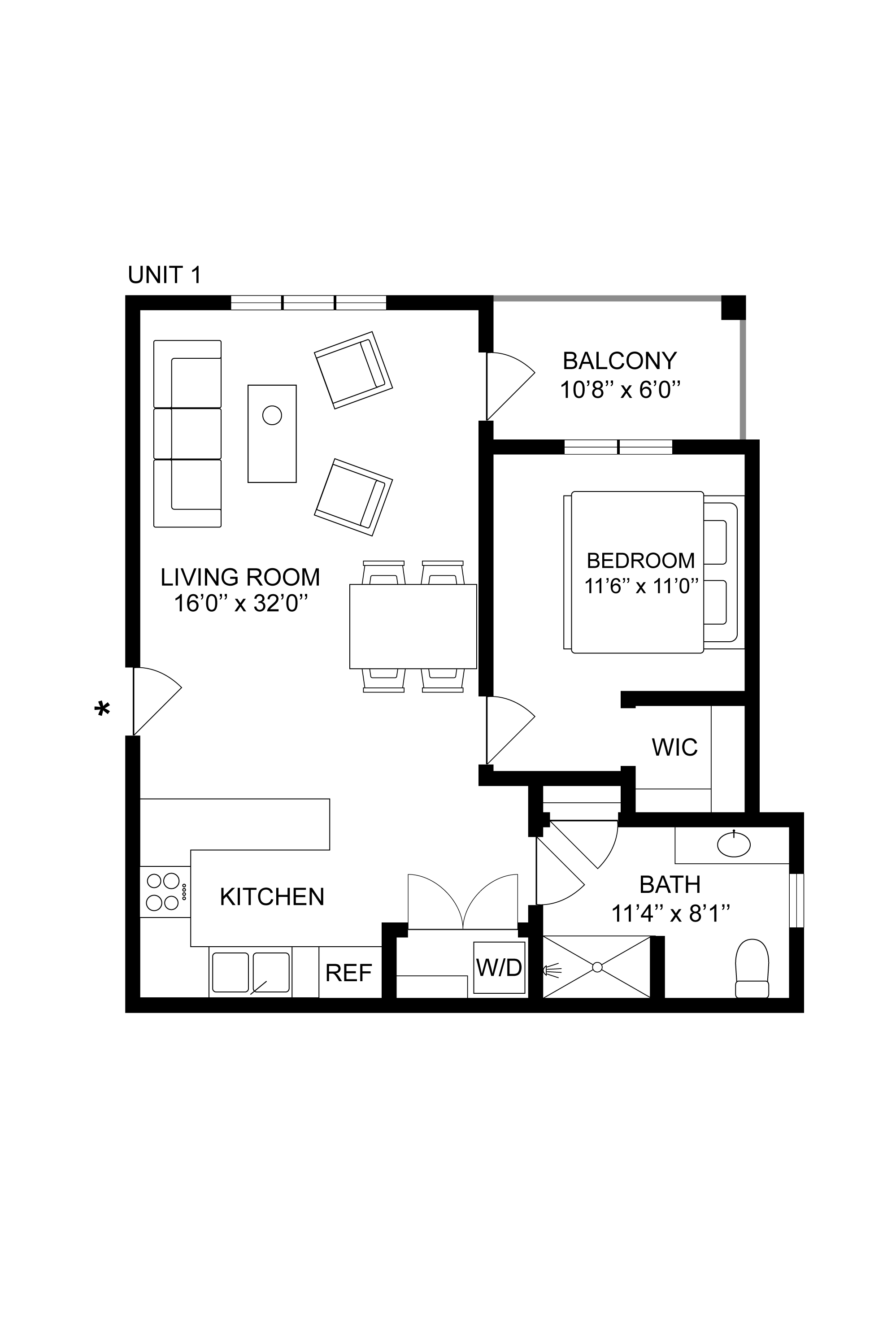 A floor plan of a one bedroom apartment.